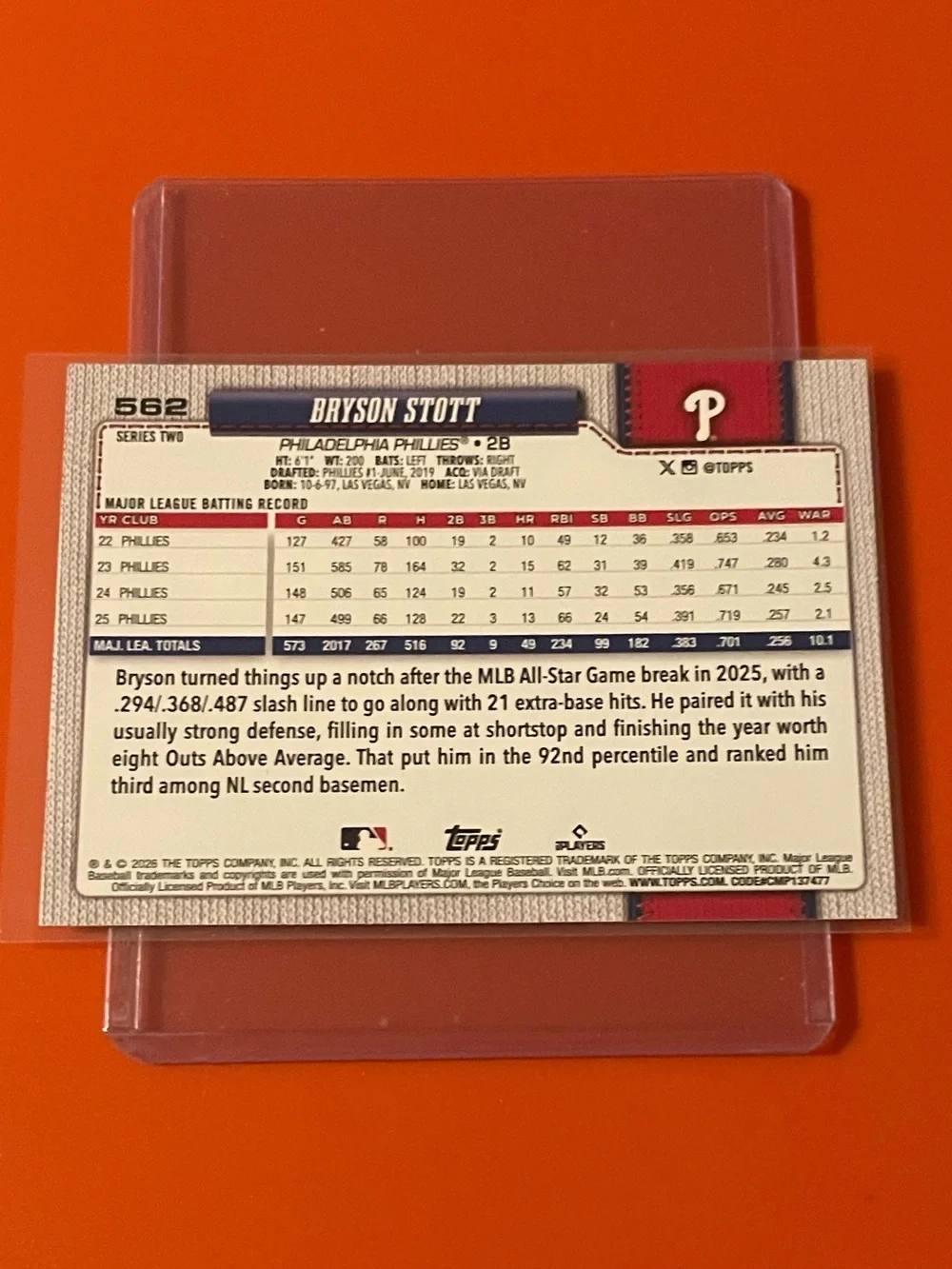 Bryson Stott #562 2026 Topps Series 2 Baseball Trading Card - Picture 2 of 2
